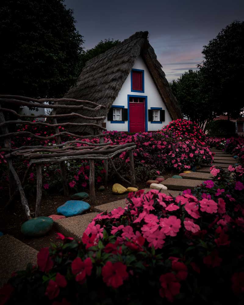 Casas de palha tradicionais em Santana, Madeira, com flores coloridas